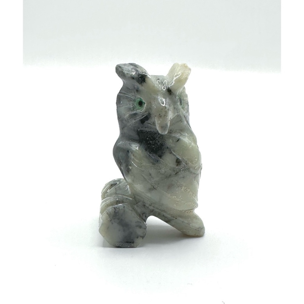 VTG HAND CARVED Black/Gray stone owl figurine Miniature 1.5” Green Eyes